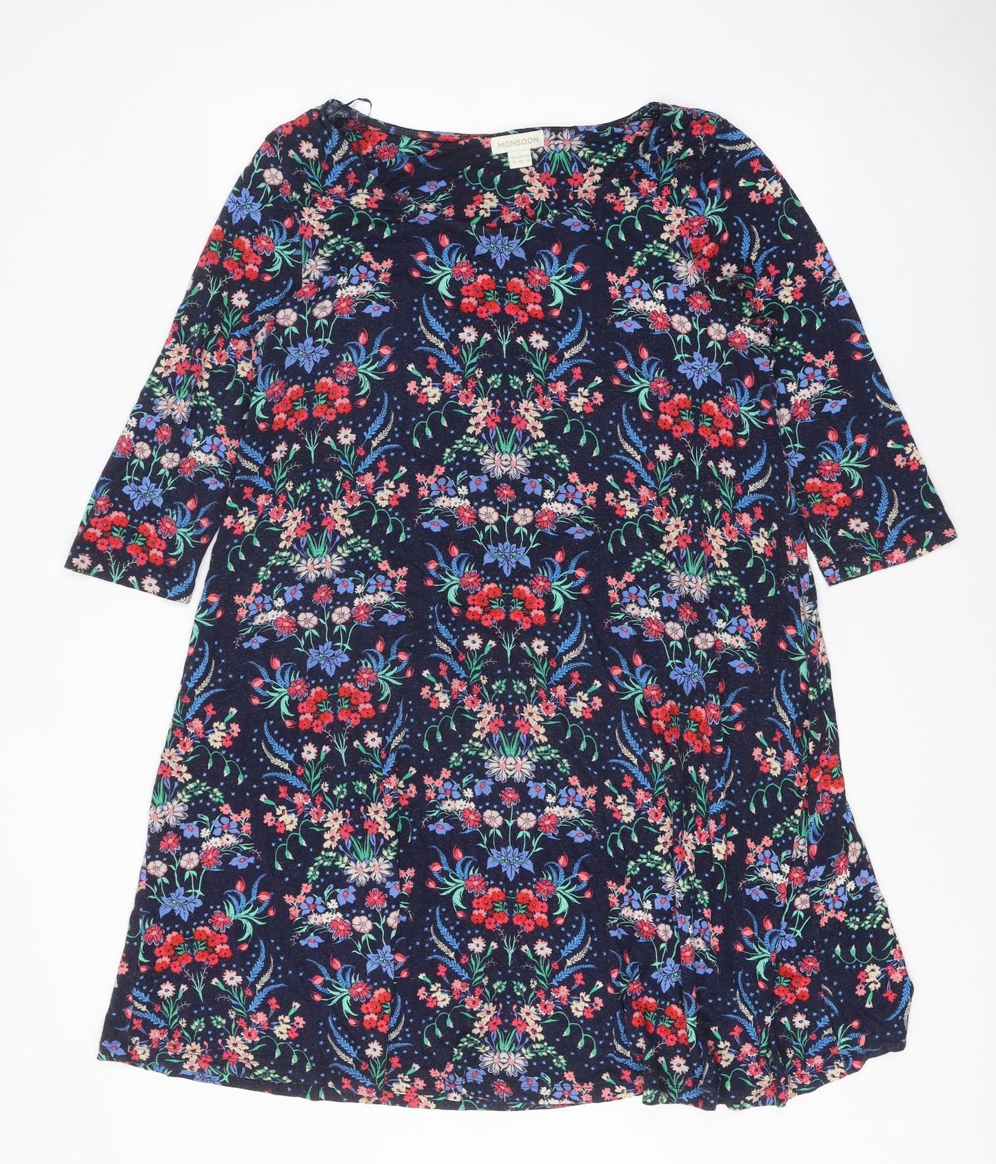 Monsoon Womens Blue Geometric Viscose A-Line Size 14 Boat Neck Pullover