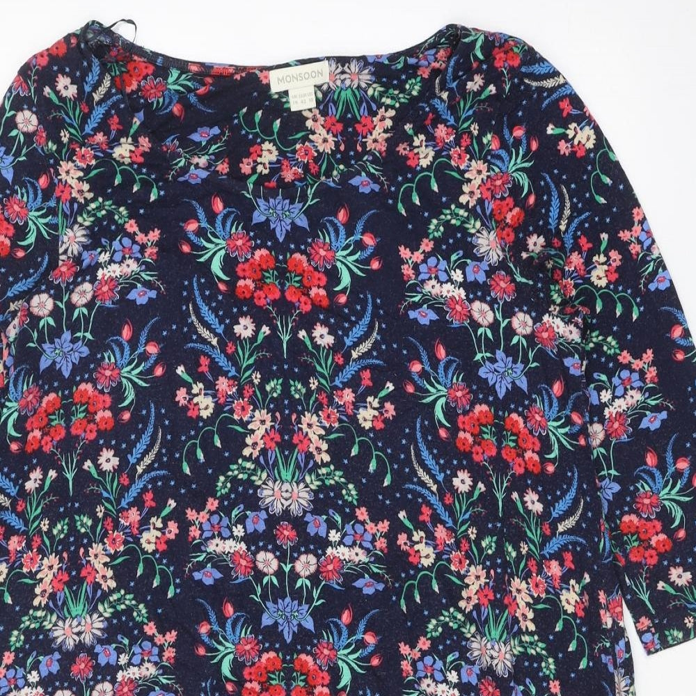 Monsoon Womens Blue Geometric Viscose A-Line Size 14 Boat Neck Pullover
