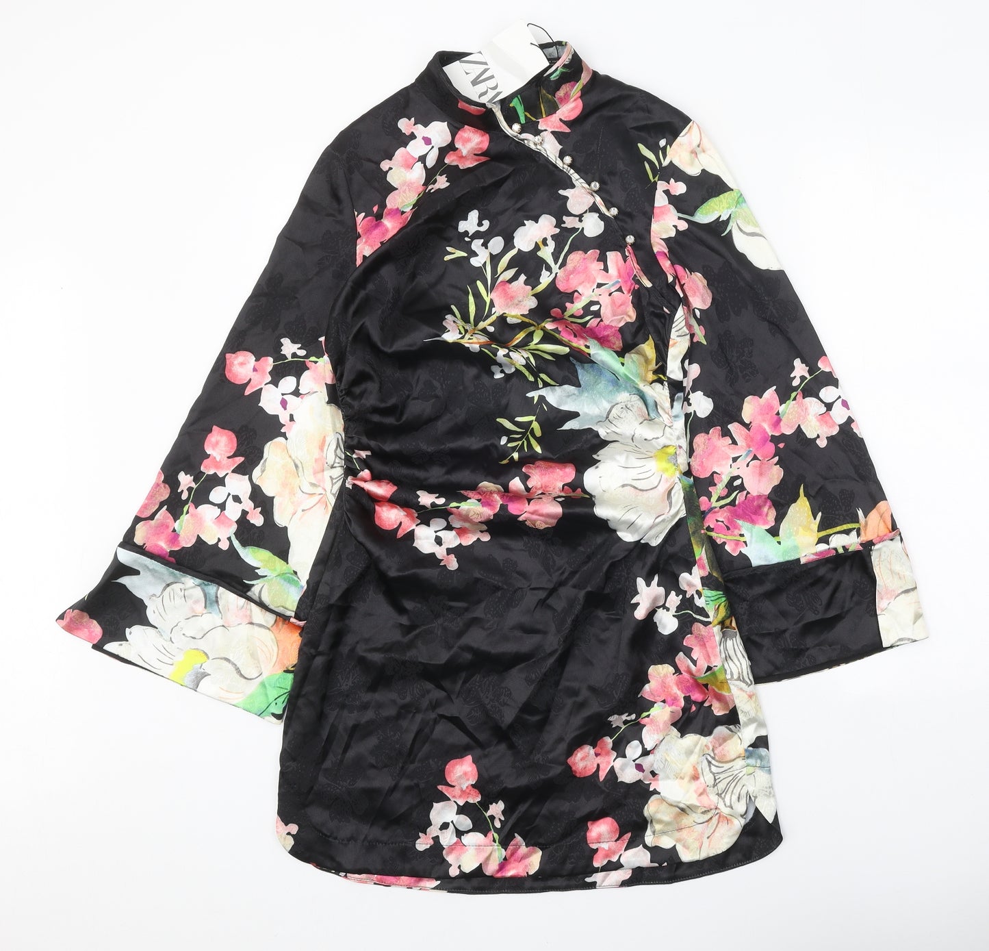 Zara Womens Black Floral Polyester Mini Size M Mock Neck Zip - Voluminous Sleeves