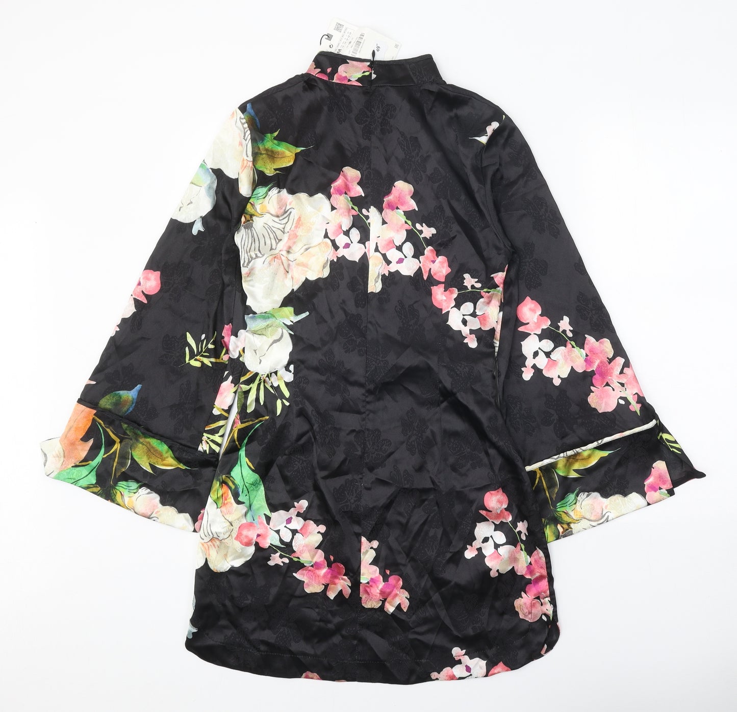 Zara Womens Black Floral Polyester Mini Size M Mock Neck Zip - Voluminous Sleeves