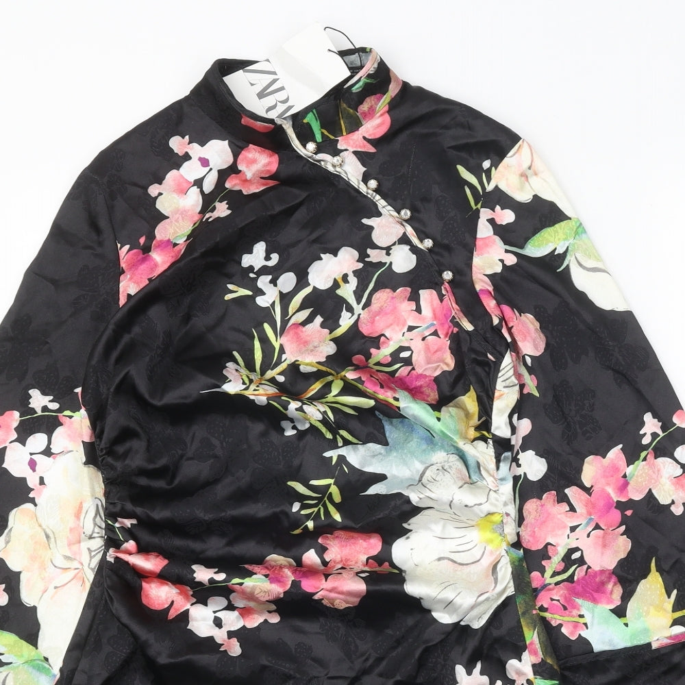 Zara Womens Black Floral Polyester Mini Size M Mock Neck Zip - Voluminous Sleeves