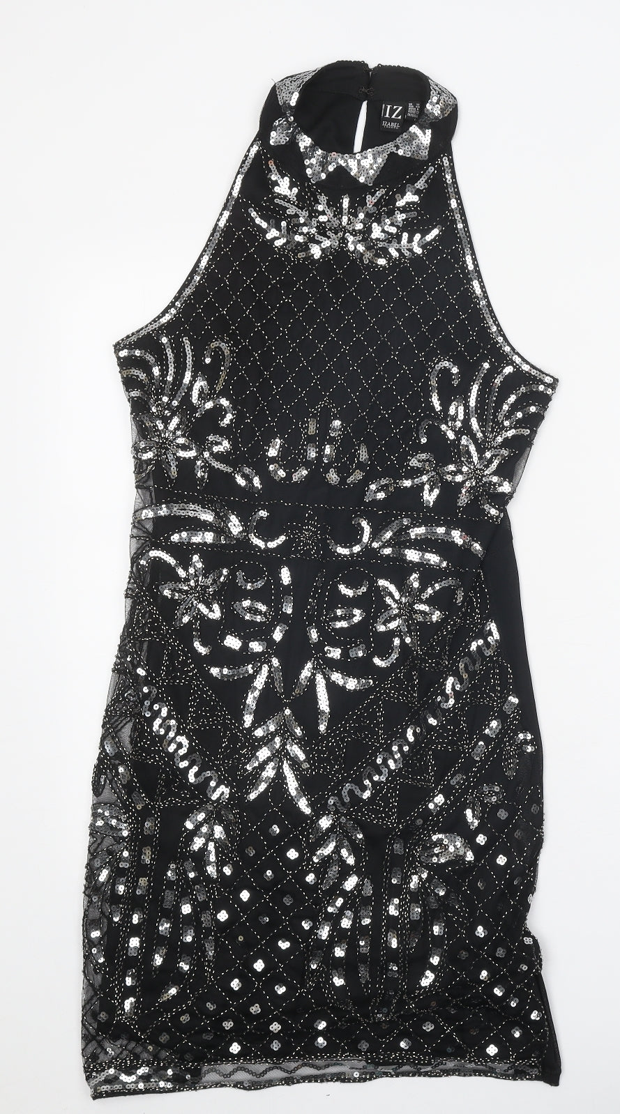 Izabel London Womens Black Polyester Mini Size 12 Round Neck Hook & Eye