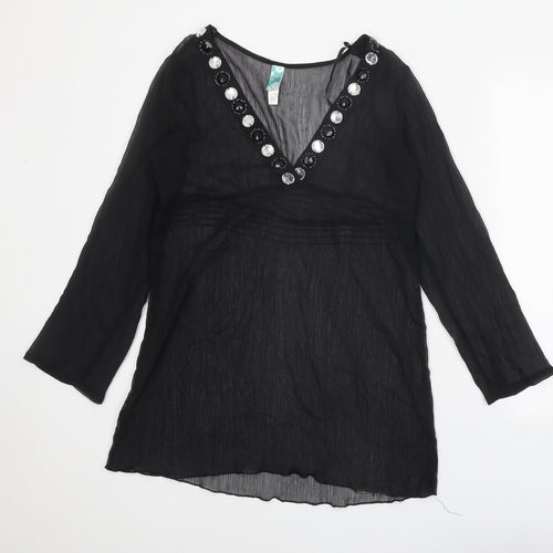 Ocean Club Womens Black Polyester Tunic Blouse Size 8 V-Neck - Embellished Neckline