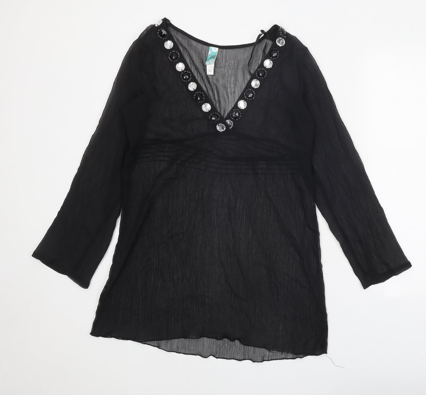 Ocean Club Womens Black Polyester Tunic Blouse Size 8 V-Neck - Embellished Neckline