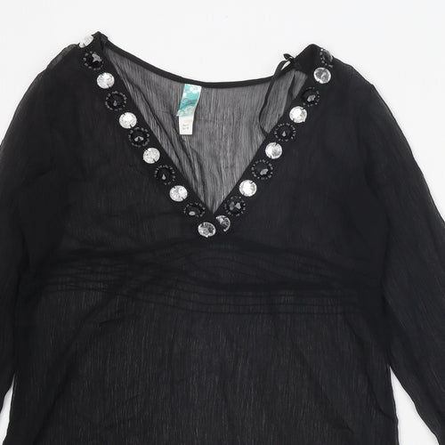 Ocean Club Womens Black Polyester Tunic Blouse Size 8 V-Neck - Embellished Neckline