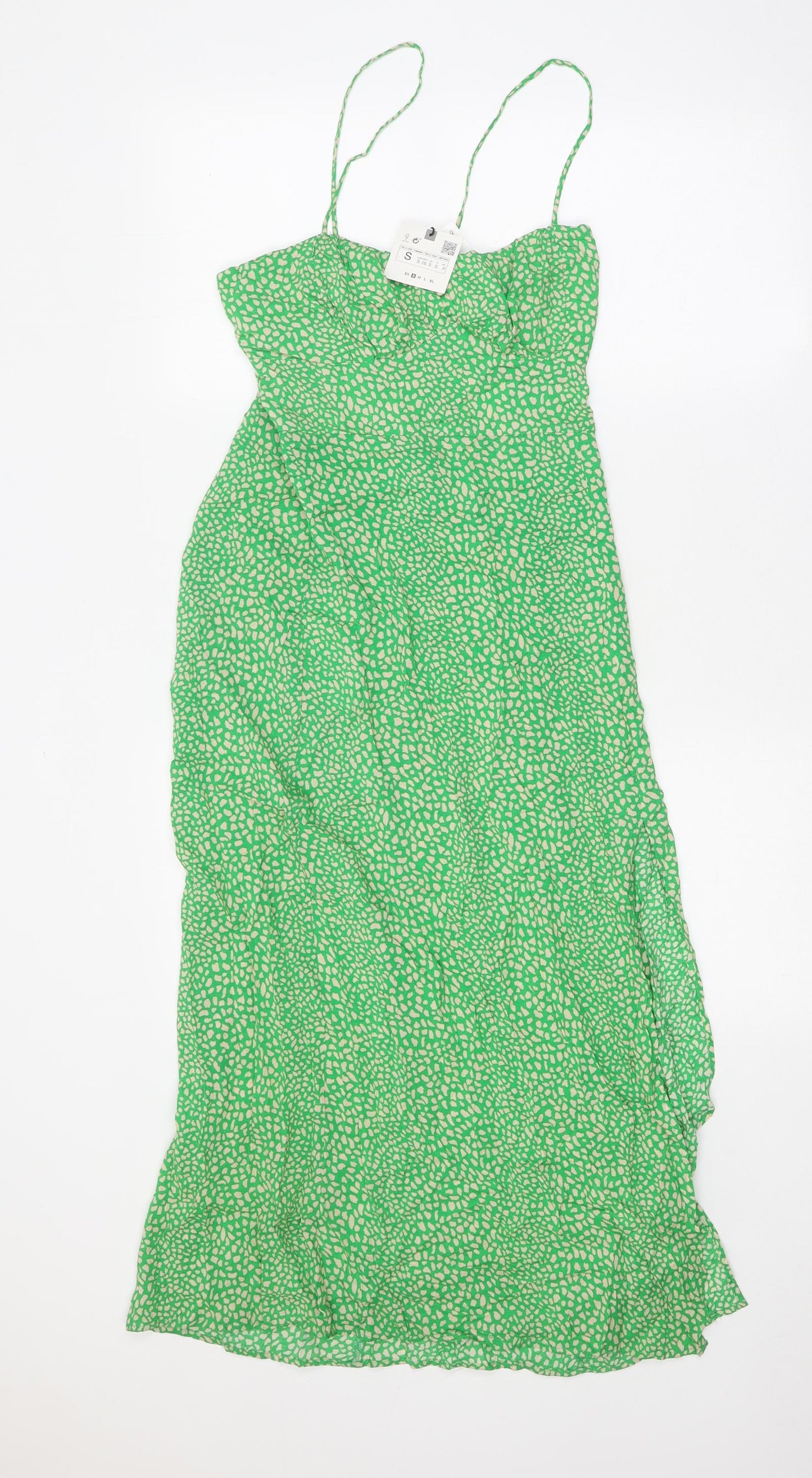 Zara Womens Green Geometric Viscose Slip Dress Size S Sweetheart Lace Up