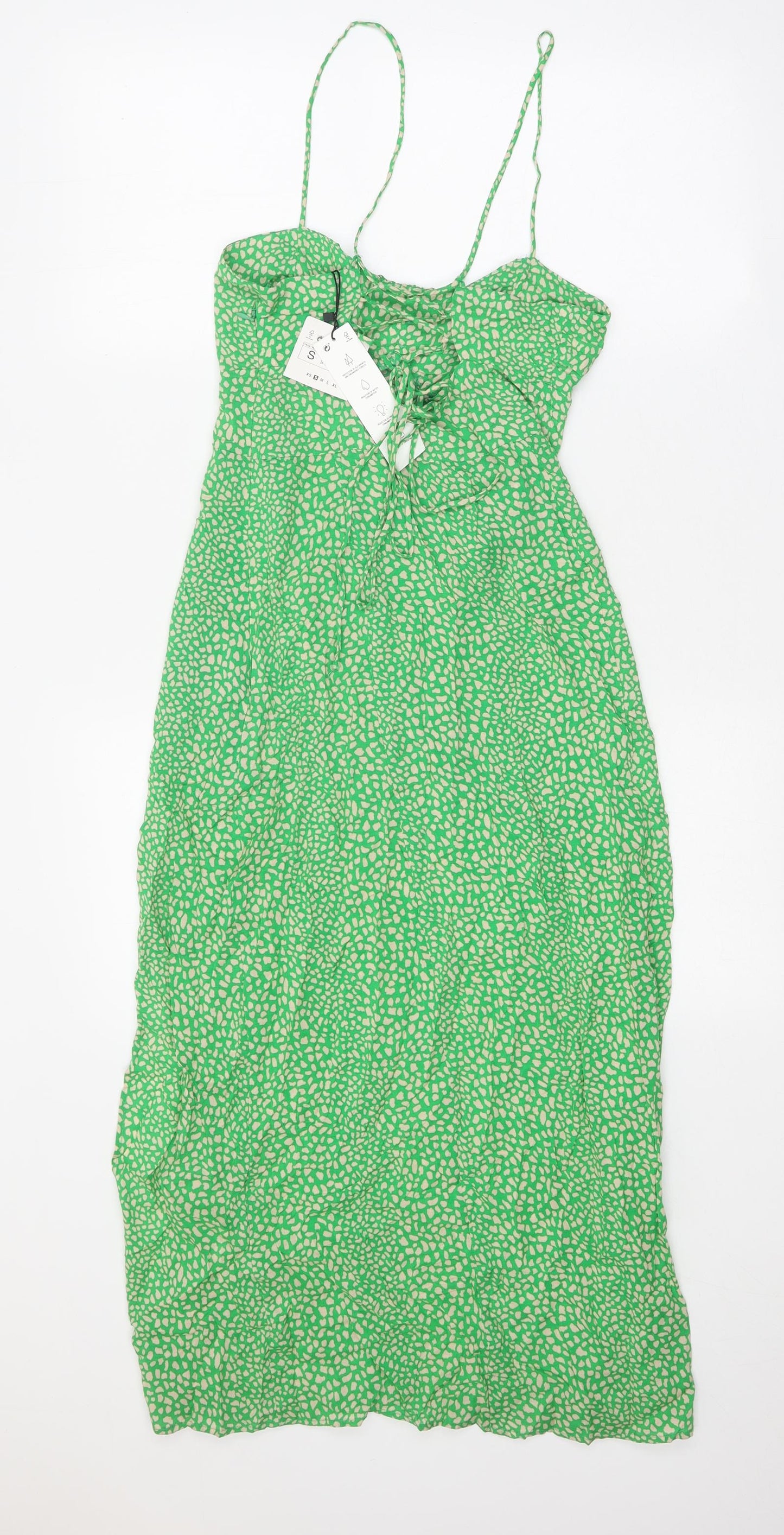 Zara Womens Green Geometric Viscose Slip Dress Size S Sweetheart Lace Up