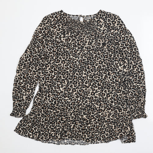 Preworn Womens Brown Animal Print Polyester Shirt Dress One Size Round Neck Button - Leopard print