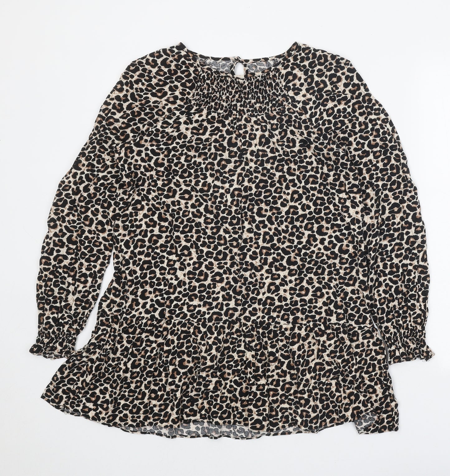 Preworn Womens Brown Animal Print Polyester Shirt Dress One Size Round Neck Button - Leopard print