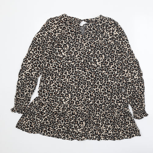 Preworn Womens Brown Animal Print Polyester Shirt Dress One Size Round Neck Button - Leopard print
