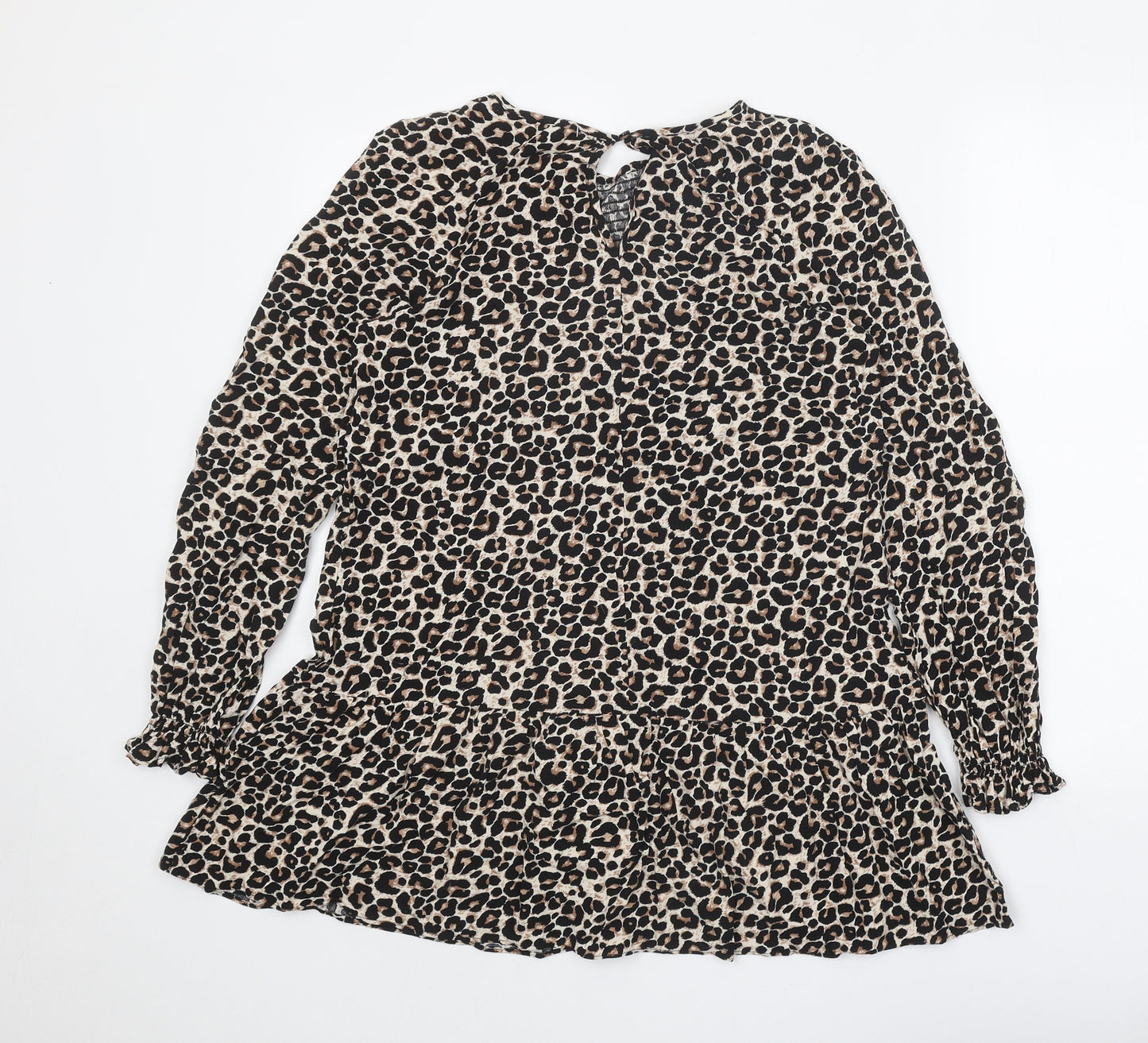 Preworn Womens Brown Animal Print Polyester Shirt Dress One Size Round Neck Button - Leopard print