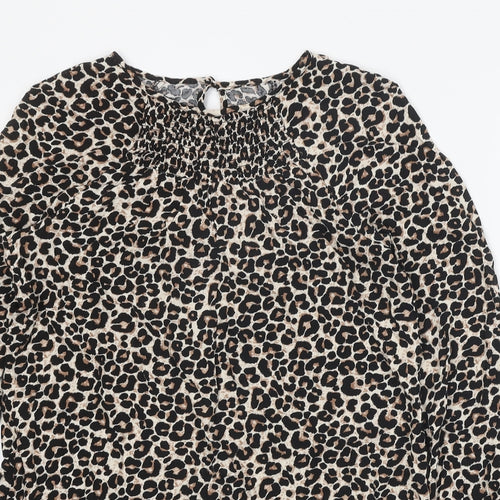 Preworn Womens Brown Animal Print Polyester Shirt Dress One Size Round Neck Button - Leopard print