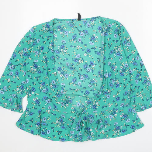 Divided Womens Green Floral Polyester Basic Blouse Size 8 V-Neck