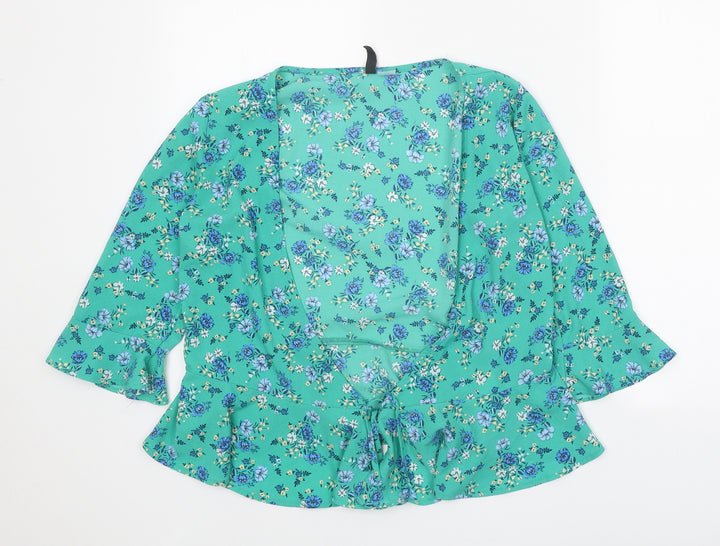 Divided Womens Green Floral Polyester Basic Blouse Size 8 V-Neck