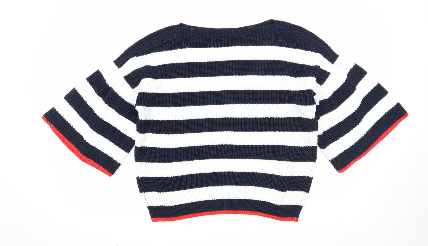 TU Womens Blue Round Neck Striped Cotton Pullover Jumper Size 14