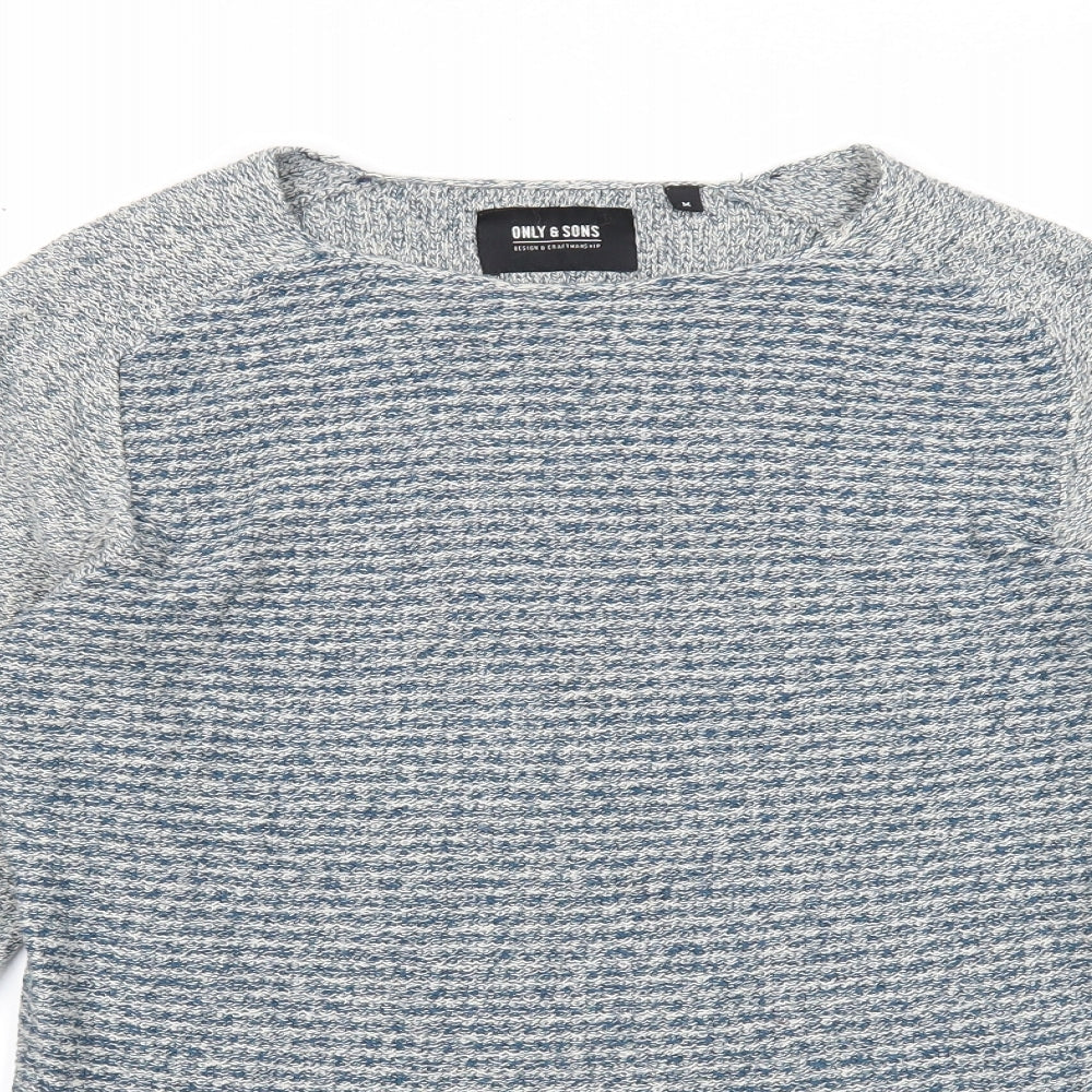ONLY & SONS Mens Grey Round Neck Striped Cotton Pullover Jumper Size M Long Sleeve
