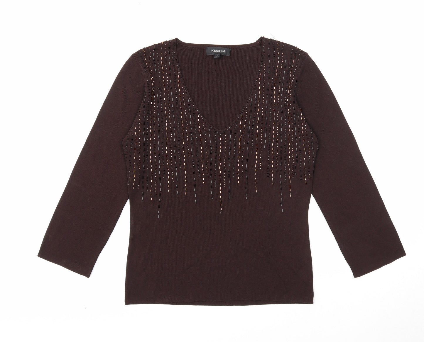 Pomodoro Womens Brown Viscose Basic T-Shirt Size 16 V-Neck - Size 16-18