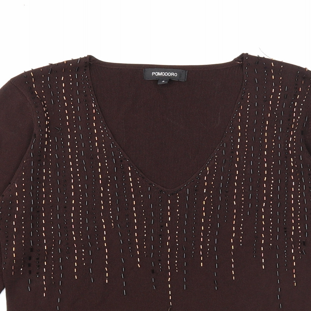 Pomodoro Womens Brown Viscose Basic T-Shirt Size 16 V-Neck - Size 16-18