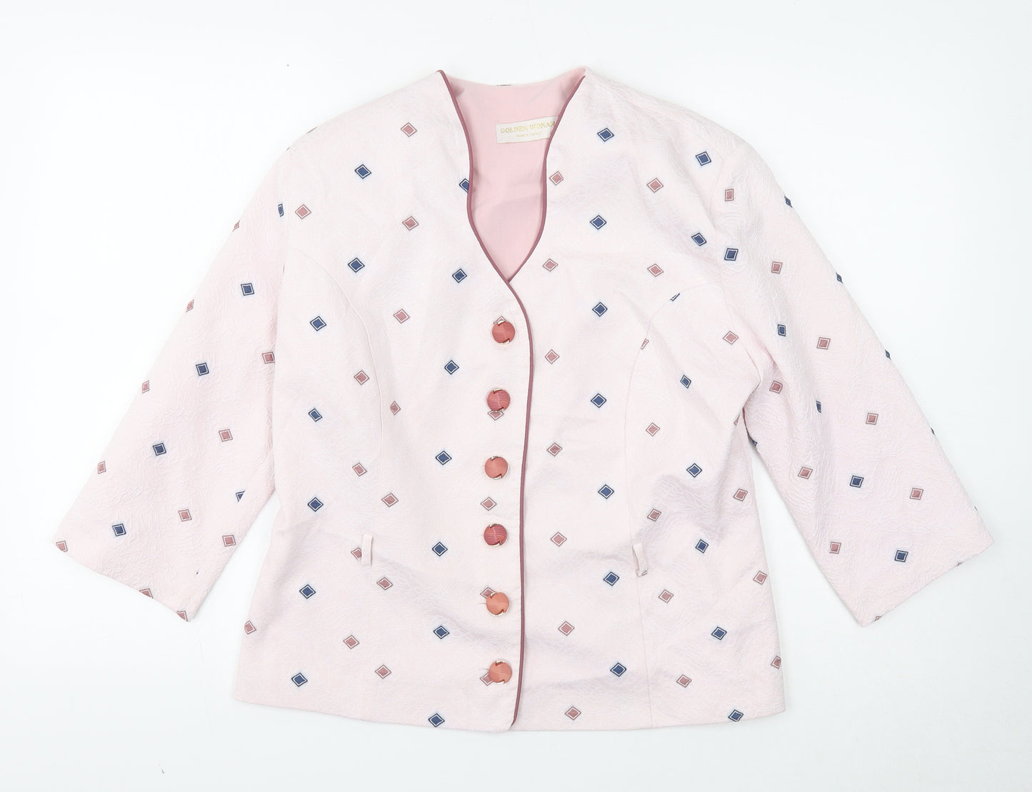 Golden Woman Womens Pink Geometric Jacket Blazer Size 16 Button