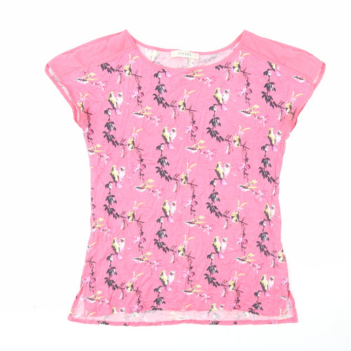 Oasis Womens Pink Geometric Viscose Basic T-Shirt Size XS Boat Neck - Bird Pattern