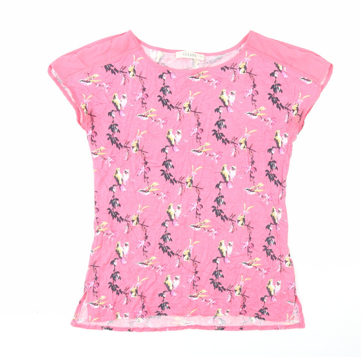 Oasis Womens Pink Geometric Viscose Basic T-Shirt Size XS Boat Neck - Bird Pattern
