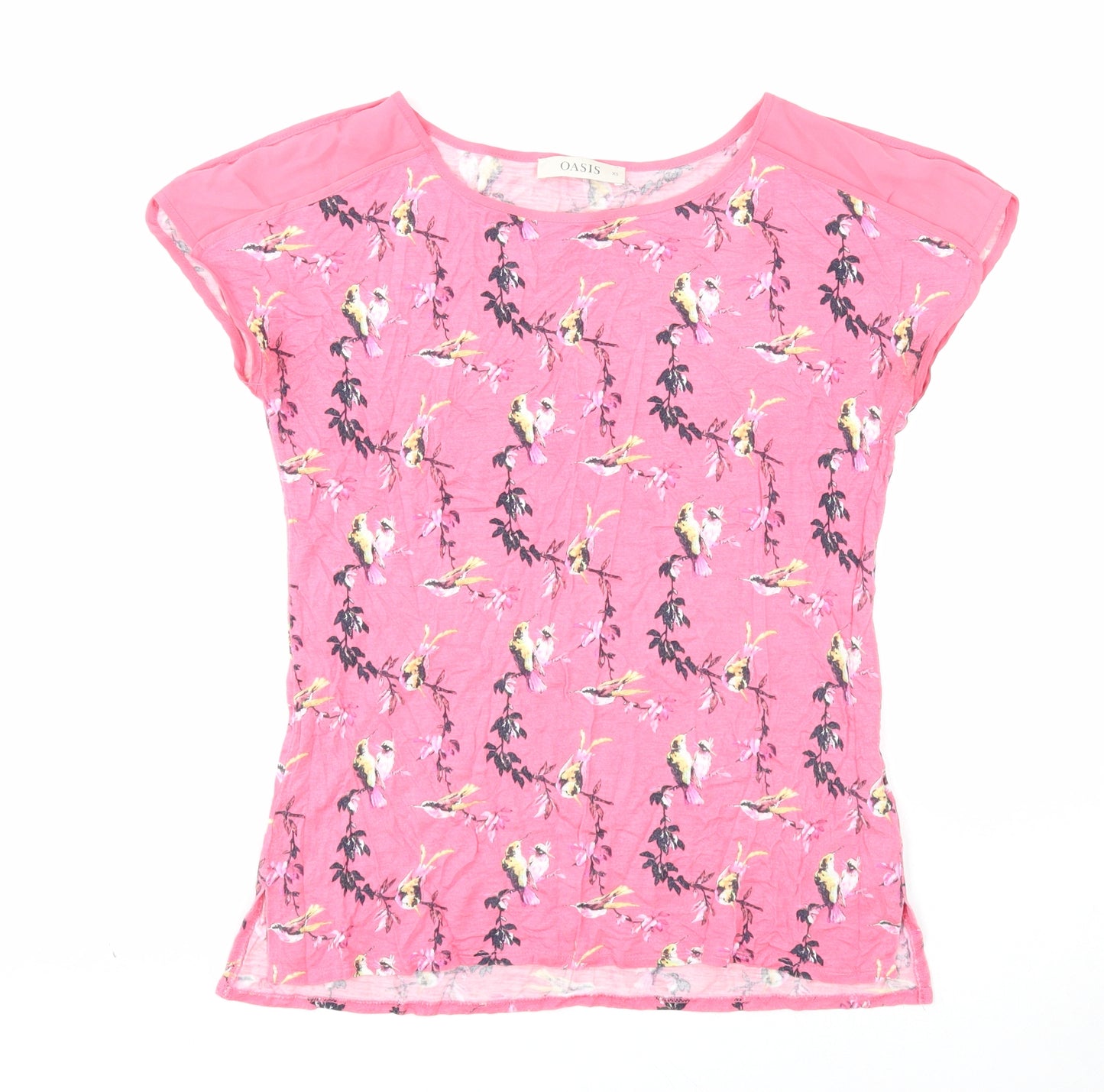 Oasis Womens Pink Geometric Viscose Basic T-Shirt Size XS Boat Neck - Bird Pattern