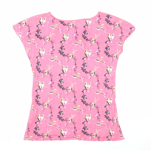 Oasis Womens Pink Geometric Viscose Basic T-Shirt Size XS Boat Neck - Bird Pattern