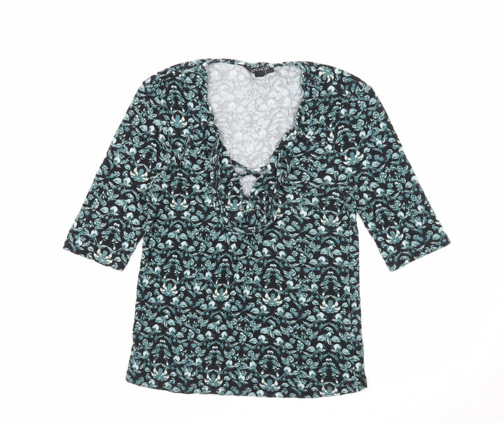 Topshop Womens Black Floral Viscose Basic Blouse Size 10 V-Neck