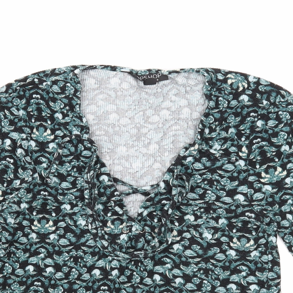 Topshop Womens Black Floral Viscose Basic Blouse Size 10 V-Neck
