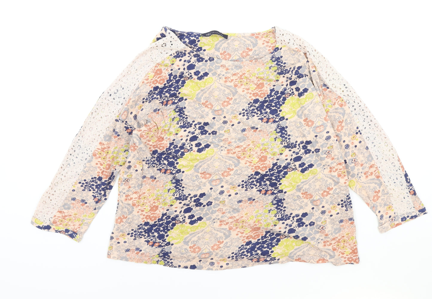 Marks and Spencer Womens Multicoloured Floral Cotton Basic Blouse Size 14 Boat Neck - Lace Sleeve Detail