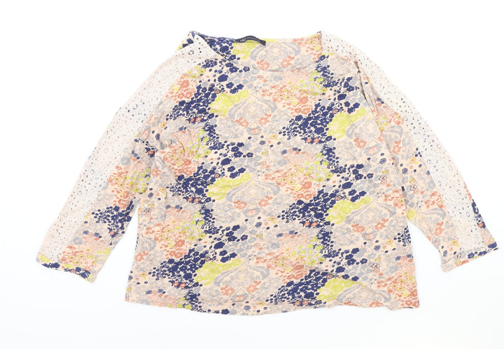 Marks and Spencer Womens Multicoloured Floral Cotton Basic Blouse Size 14 Boat Neck - Lace Sleeve Detail