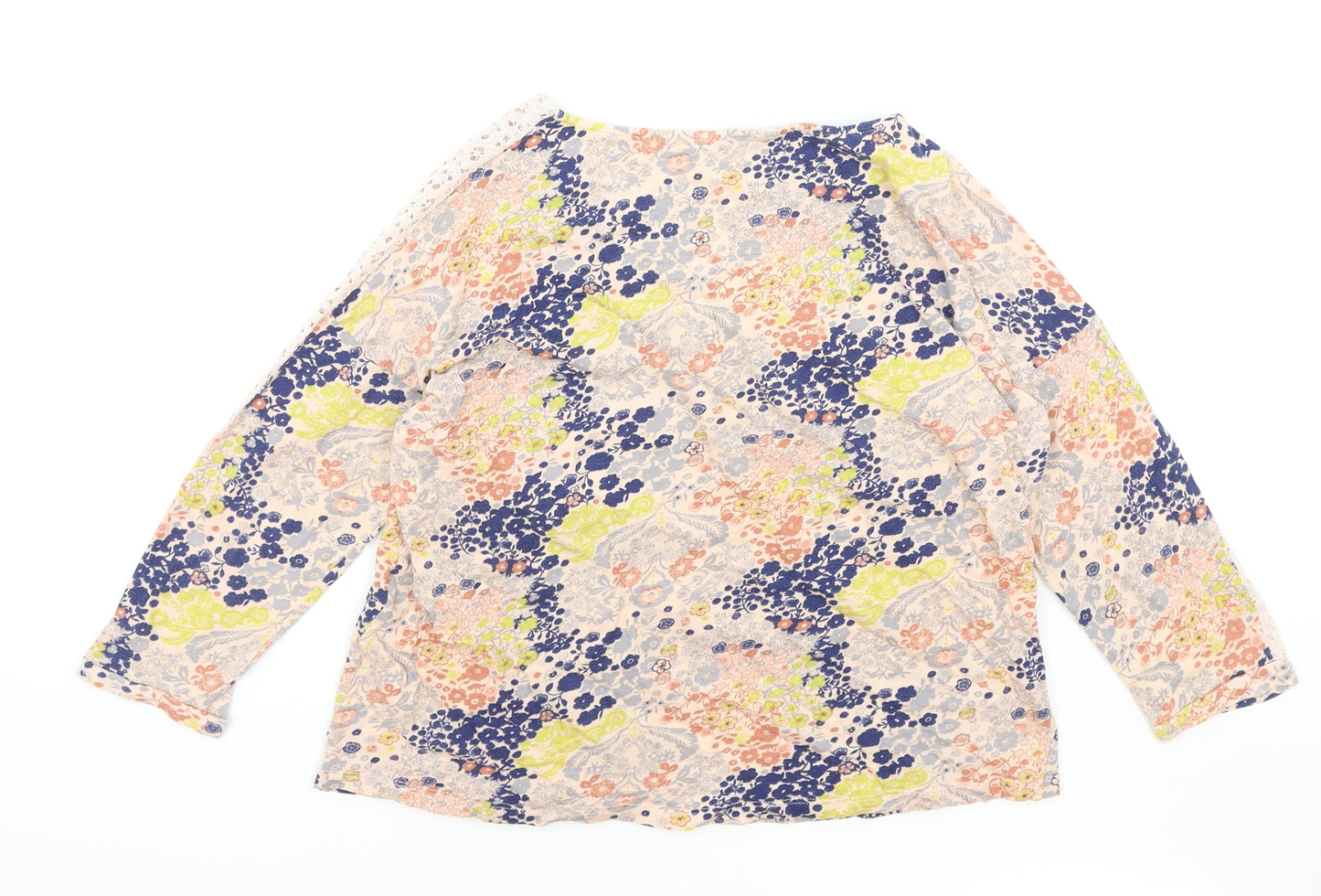 Marks and Spencer Womens Multicoloured Floral Cotton Basic Blouse Size 14 Boat Neck - Lace Sleeve Detail