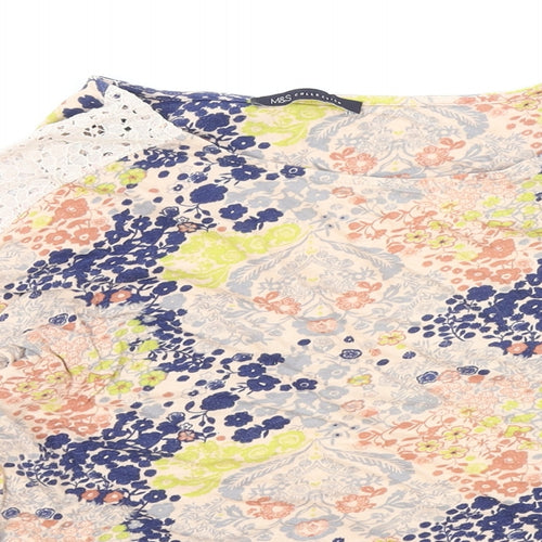 Marks and Spencer Womens Multicoloured Floral Cotton Basic Blouse Size 14 Boat Neck - Lace Sleeve Detail