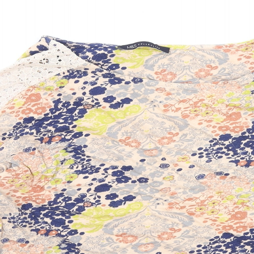 Marks and Spencer Womens Multicoloured Floral Cotton Basic Blouse Size 14 Boat Neck - Lace Sleeve Detail