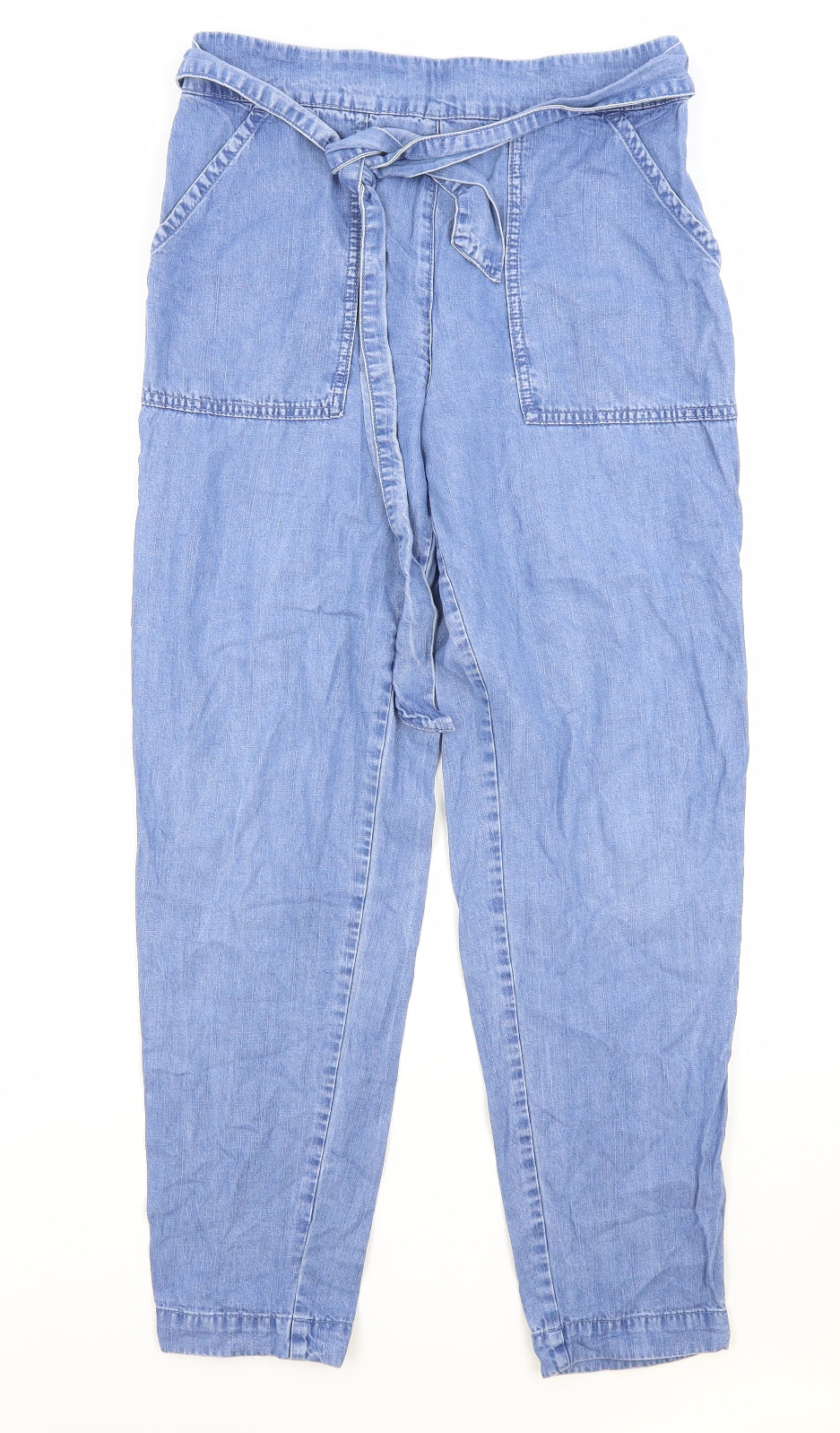 TU Womens Blue Cotton Carrot Trousers Size 10 Regular Tie