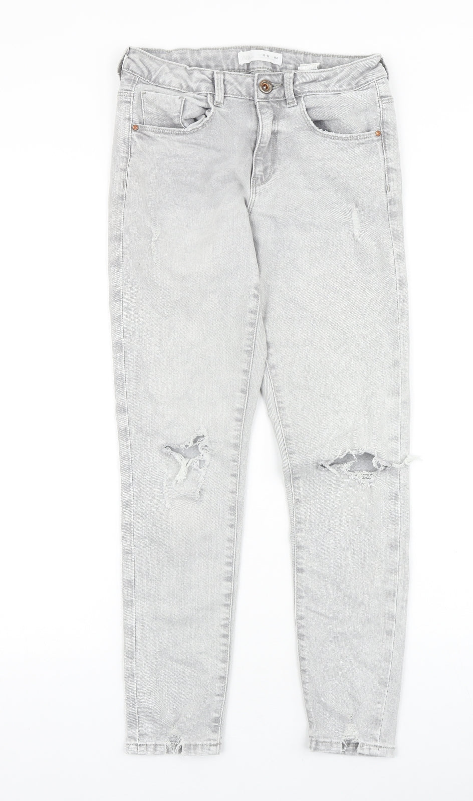 Zara Girls Grey Cotton Skinny Jeans Size 11-12 Years Regular Zip - Distressed