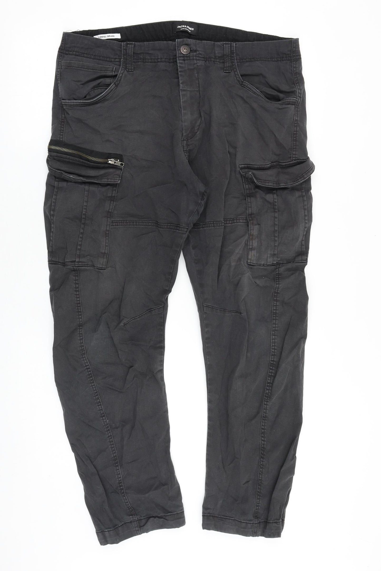 JACK & JONES Mens Grey Cotton Cargo Trousers Size 36 in Regular Zip