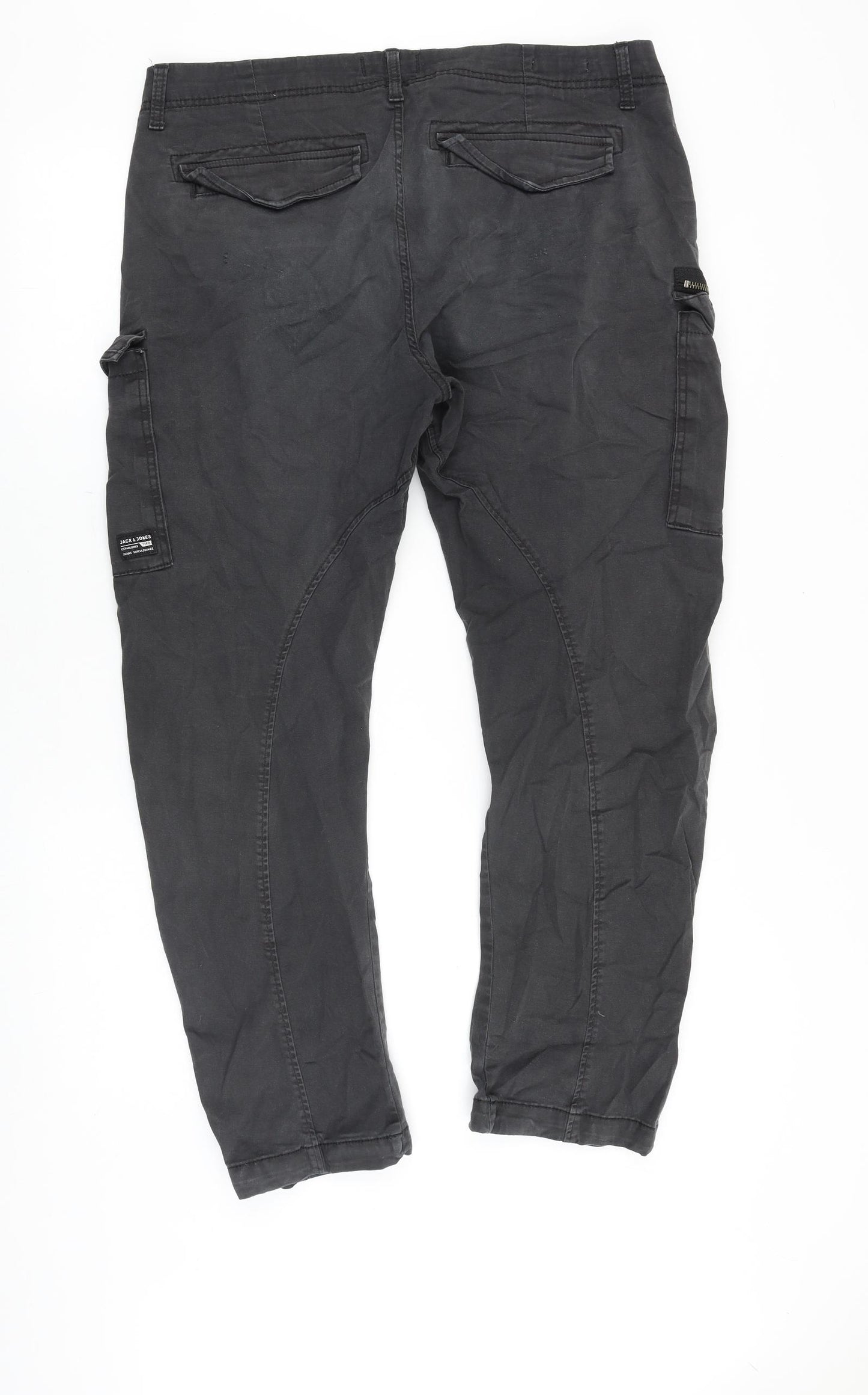 JACK & JONES Mens Grey Cotton Cargo Trousers Size 36 in Regular Zip