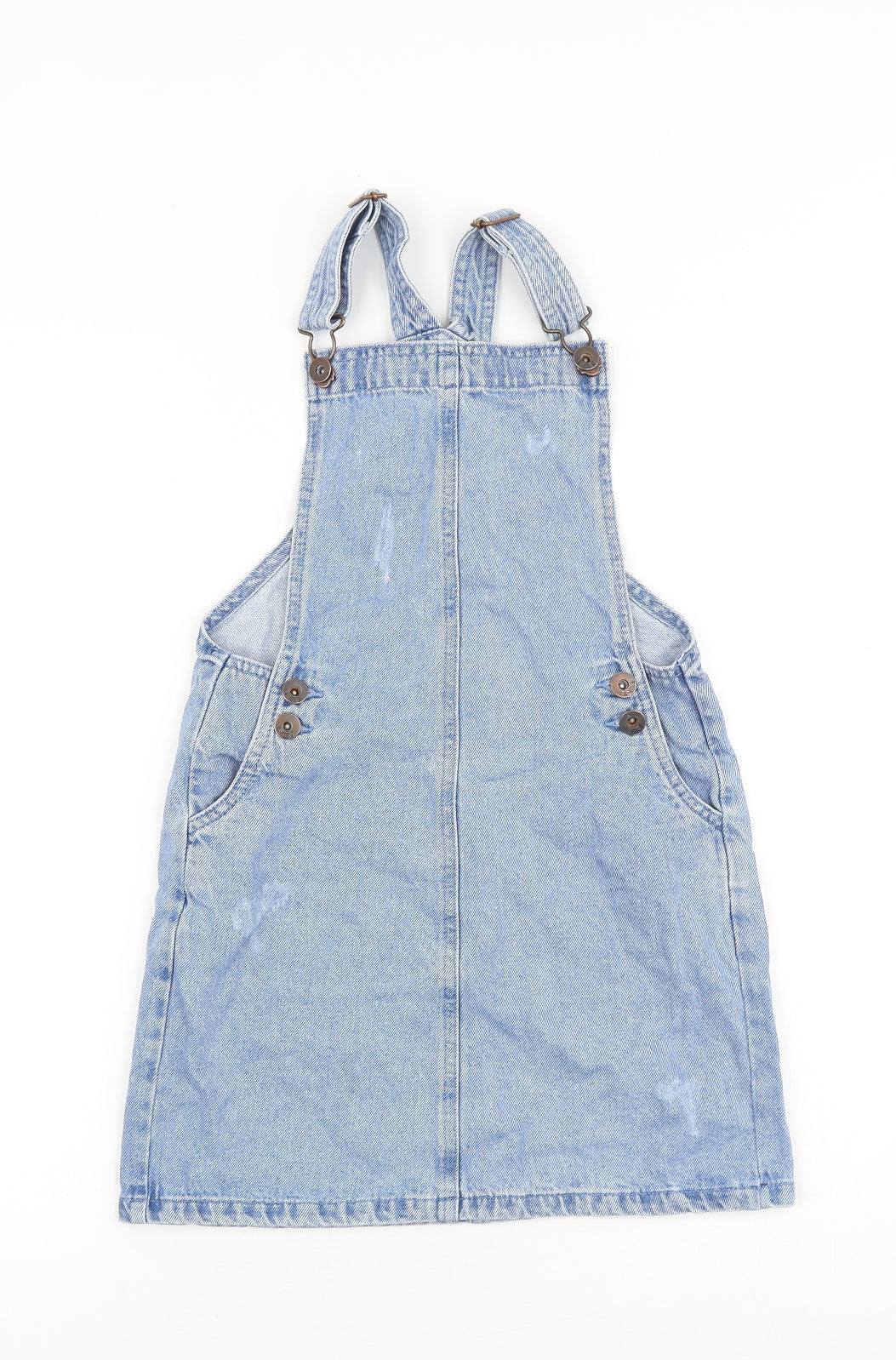 Marks and Spencer Girls Blue Cotton Pinafore/Dungaree Dress Size 8-9 Years Square Neck Buckle