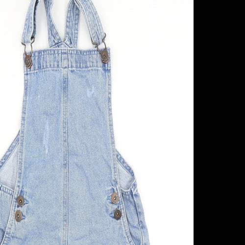 Marks and Spencer Girls Blue Cotton Pinafore/Dungaree Dress Size 8-9 Years Square Neck Buckle