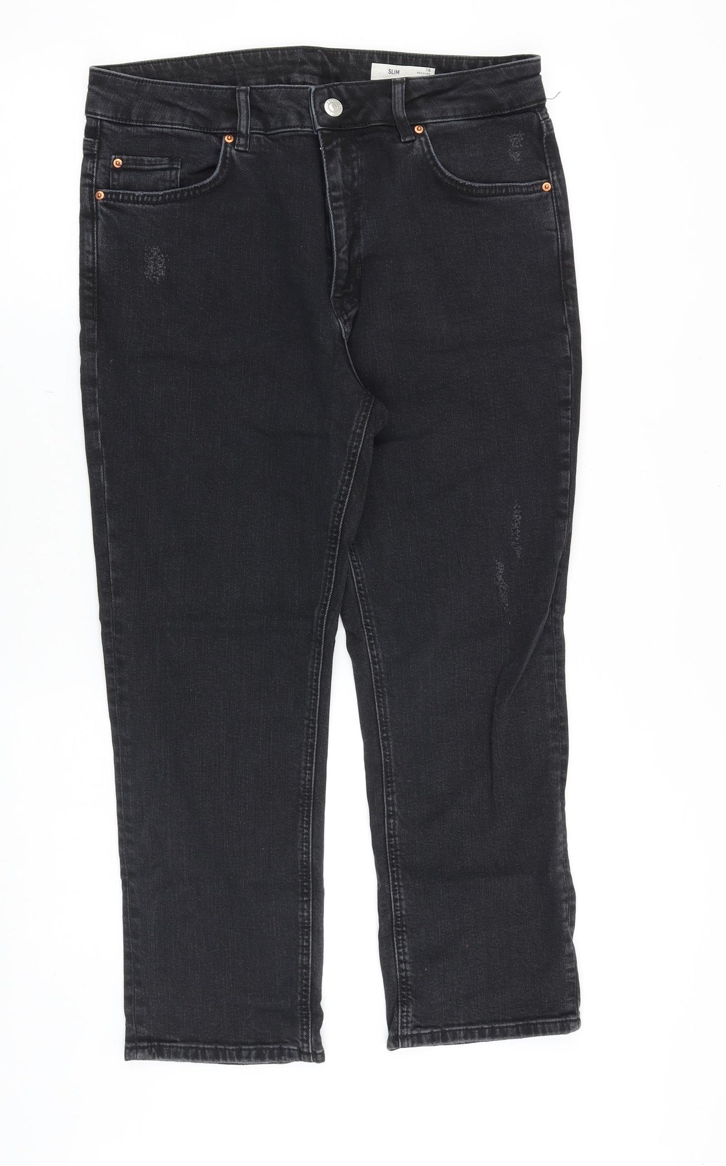 Marks and Spencer Womens Black Cotton Straight Jeans Size 16 Regular Zip