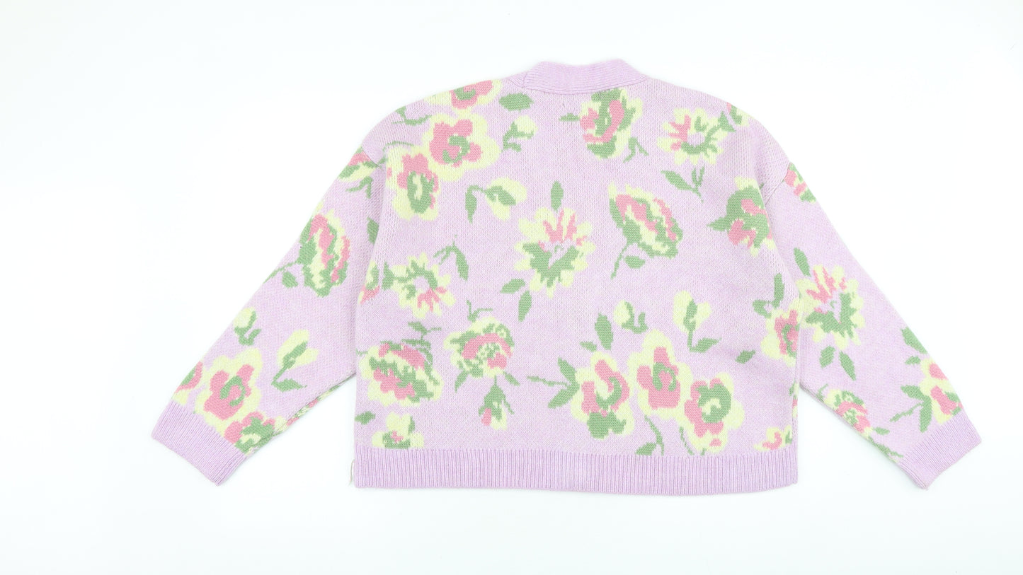 Primark Womens Purple V-Neck Floral Polyester Cardigan Jumper Size M