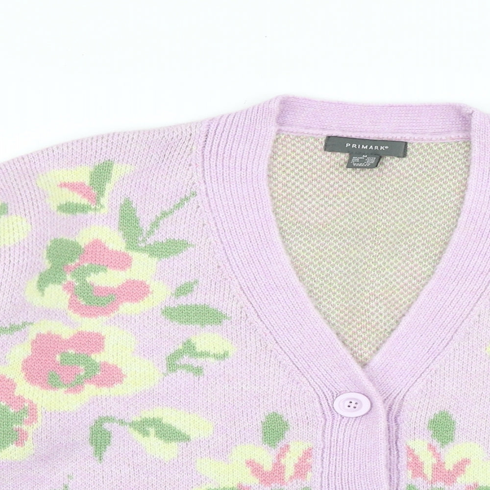 Primark Womens Purple V-Neck Floral Polyester Cardigan Jumper Size M