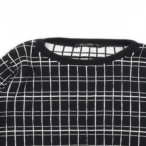 Zara Womens Black Round Neck Check Cotton Pullover Jumper Size M