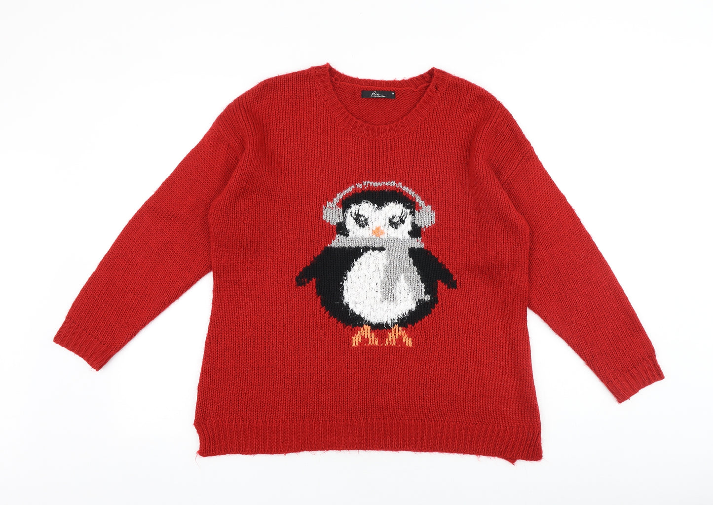 Bonmarché Womens Red Round Neck Acrylic Pullover Jumper Size M - Christmas Penguin