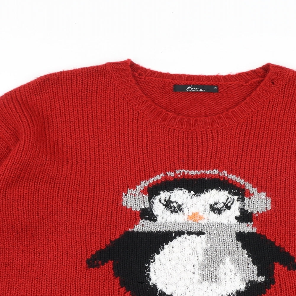 Bonmarché Womens Red Round Neck Acrylic Pullover Jumper Size M - Christmas Penguin