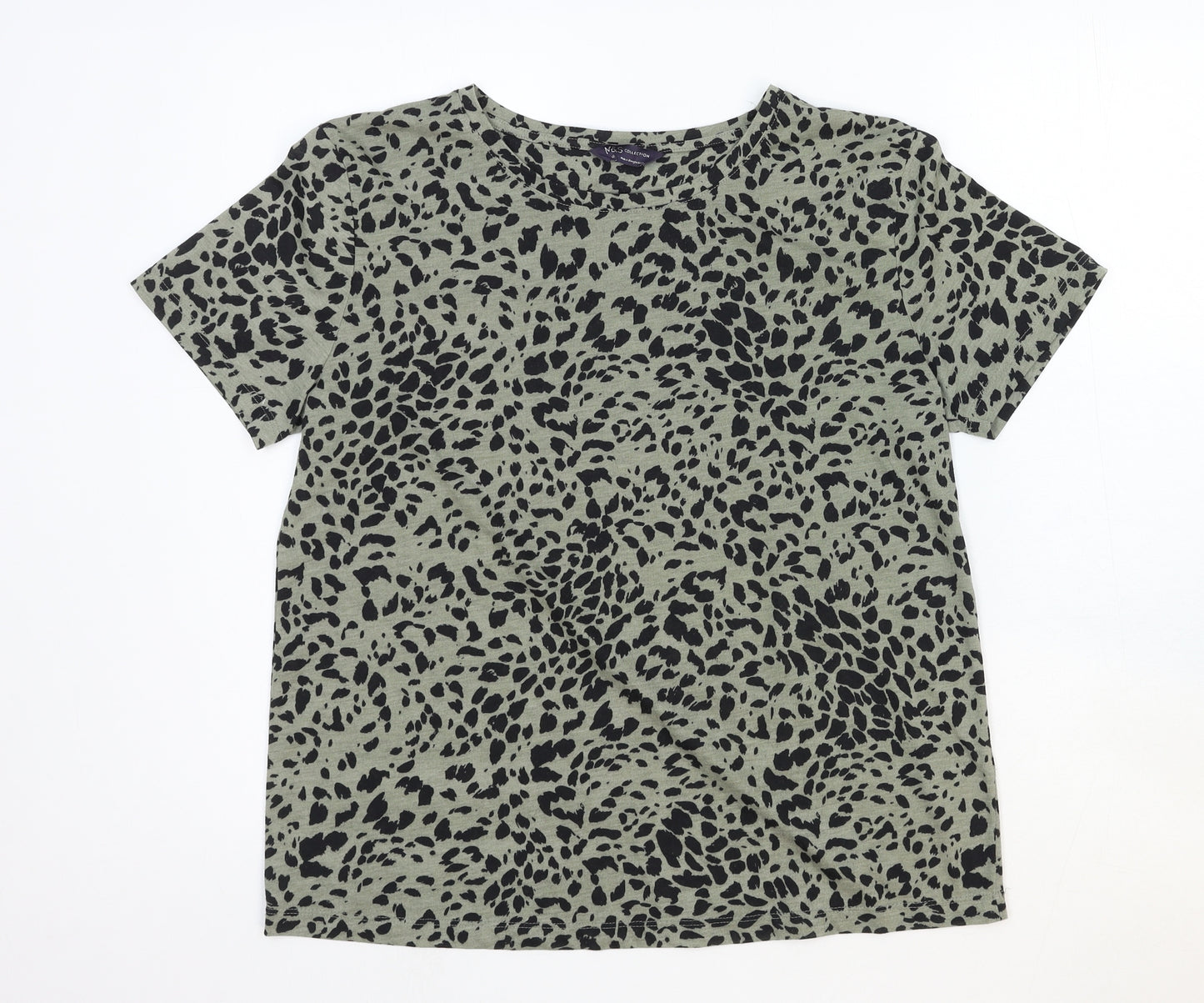 Marks and Spencer Womens Green Animal Print Cotton Basic T-Shirt Size 12 Boat Neck - Leopard Print