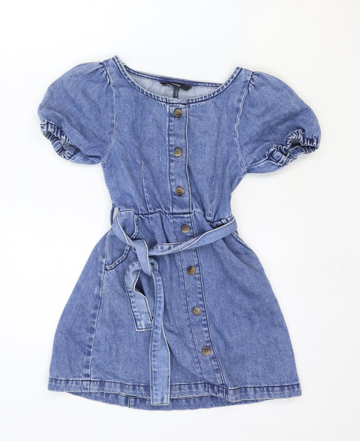 gEORGE Girls Blue Cotton A-Line Size 8-9 Years Scoop Neck Button