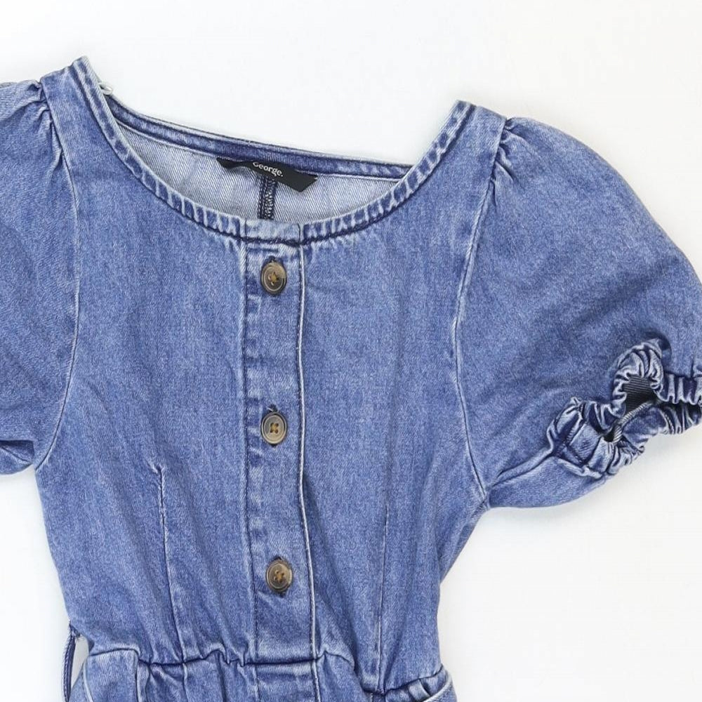 gEORGE Girls Blue Cotton A-Line Size 8-9 Years Scoop Neck Button