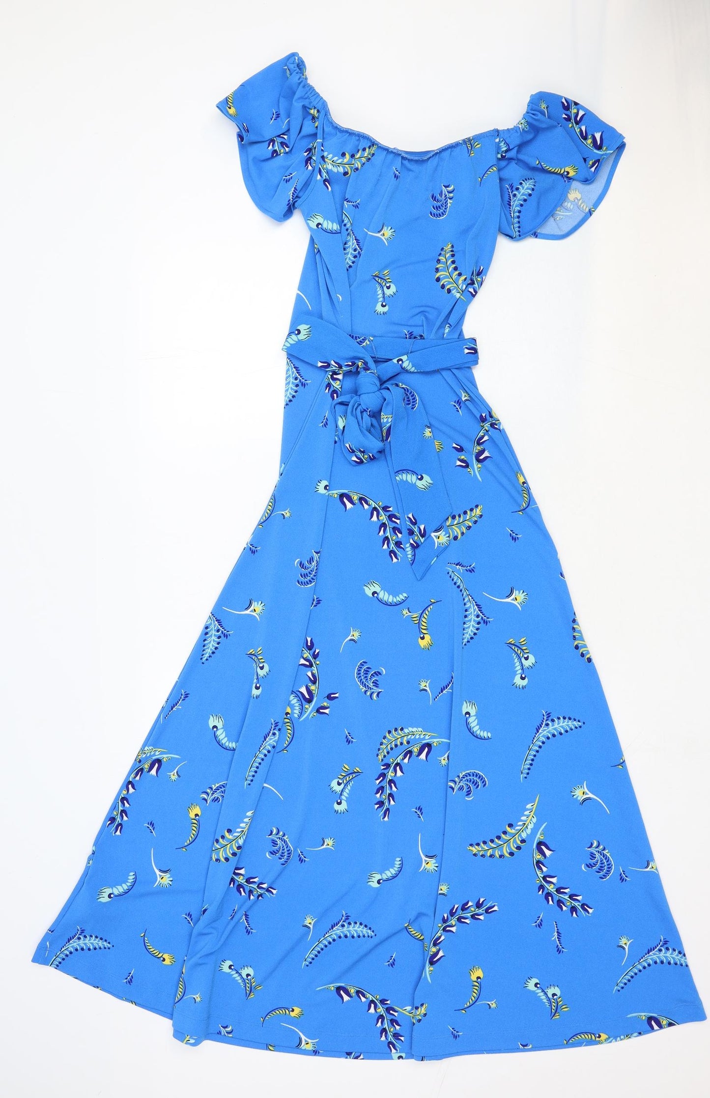 Marks and Spencer Womens Blue Geometric Polyester Fit & Flare Size 6 Off the Shoulder Pullover